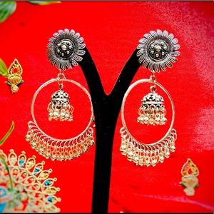 Earring, oxidised zhumki, Indian earring
